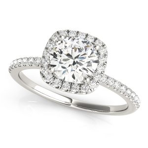 14K White Gold Single Row Prong Set Halo Round Diamond Engagement Ring