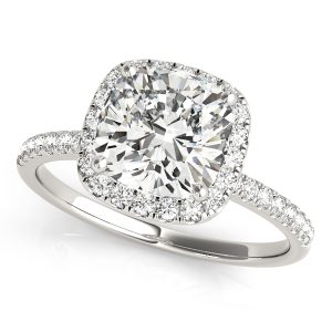 14K White Gold Single Row Halo Cushion Diamond Engagement Ring
