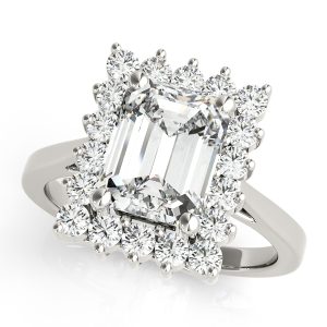 14K White Gold Halo Solitaire Emerald Diamond Engagement Ring