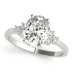 14K White Gold Solitaire Cluster Side Oval Diamond Engagement Ring