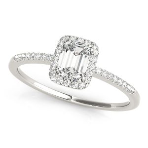 14K White Gold Halo Single Row Emerald Diamond Engagement Ring