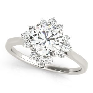 14K White Gold Scattered Diamond Halo Round Diamond Engagement Ring