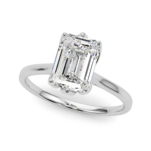 14K White Gold 6-Prong Floral Emerald Cut Diamond Engagement Ring